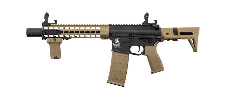 Fucile elettrico M4 PDW Keymod 10.5" LT-19 Gen2 di Lancer Tactical nero e tan
